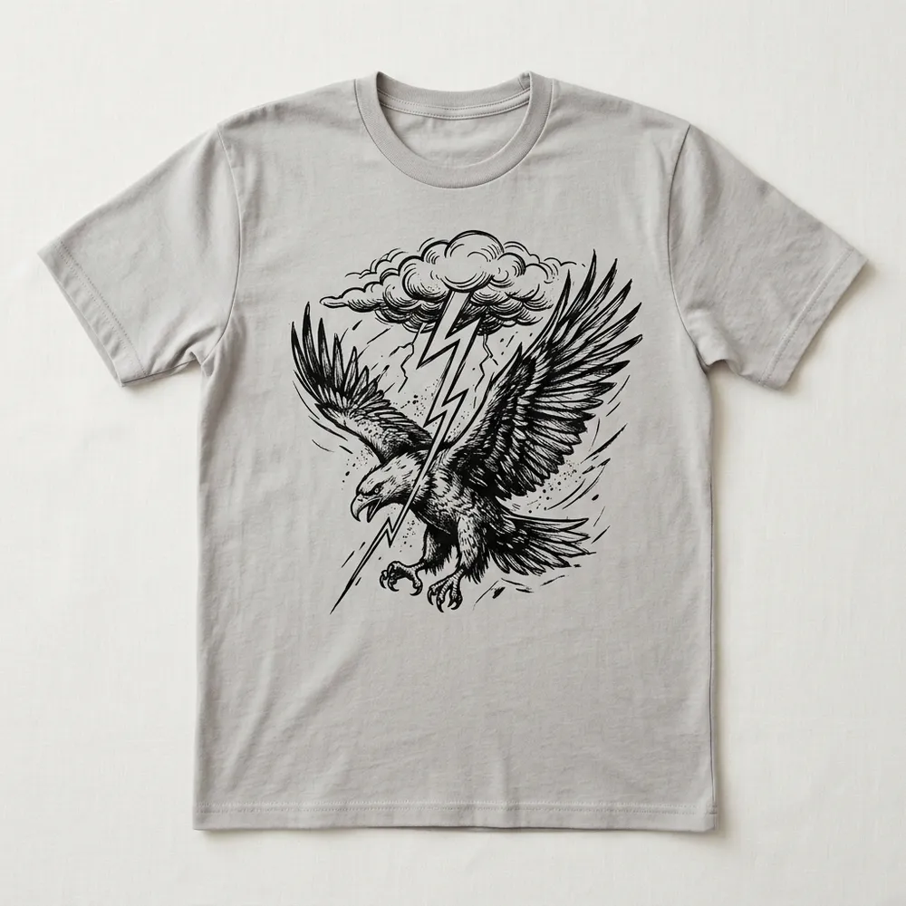 Sample grey shirt printed with a black ink eagle struck by lightning