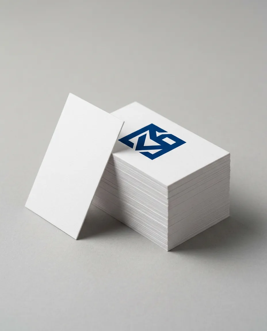 Sample picture of a stack of white business cards with a blue emblem