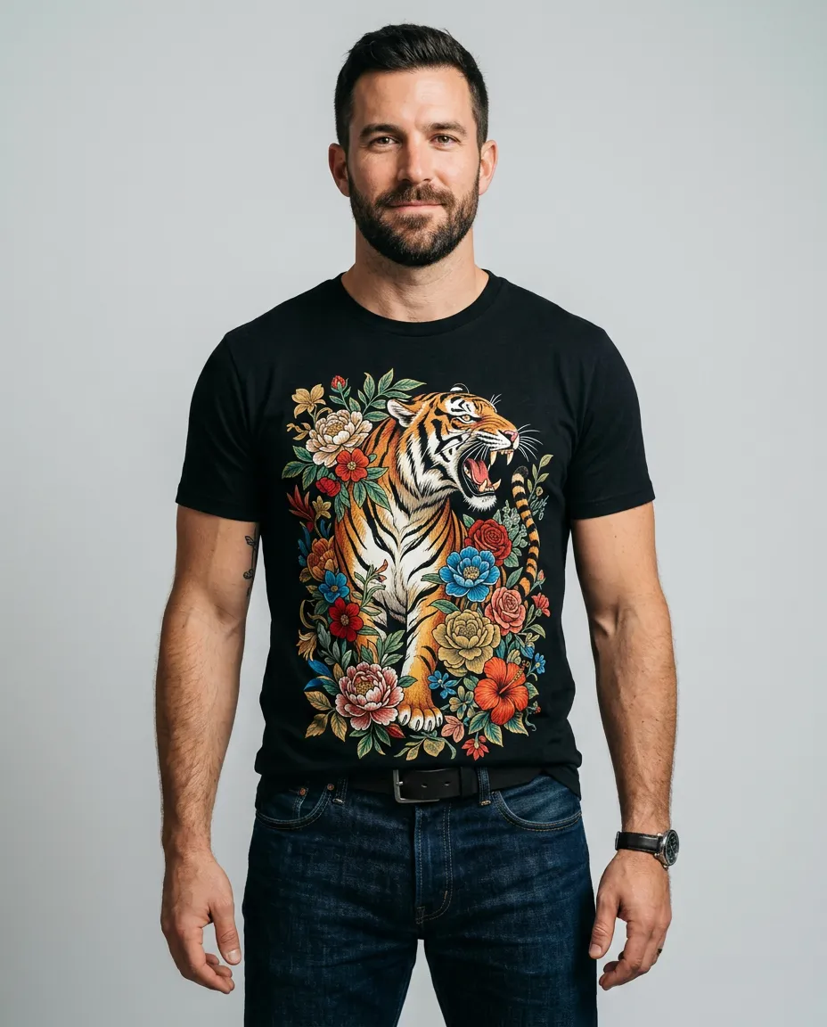 Sample picture of a man in a black shirt with a detailed tiger and flowers print