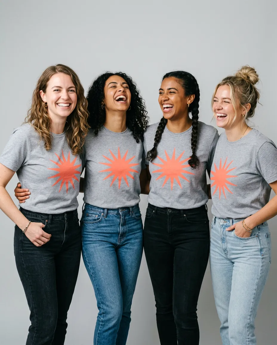 Sample picture of four friends in matching grey shirts with a coral sunburst