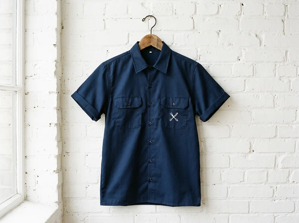 Navy work shirt with a scissors emblem