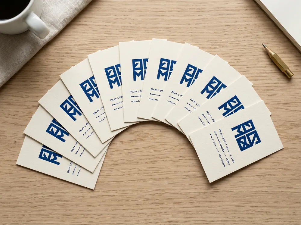 Fan of cream business cards with a blue emblem