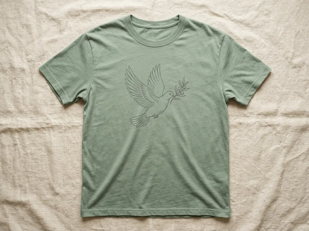Sage shirt with a line drawing of a dove
