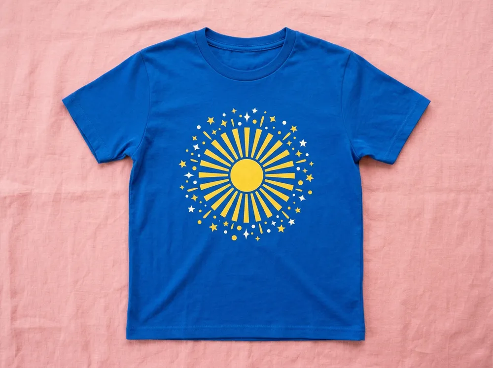 Blue shirt printed with a yellow sunburst