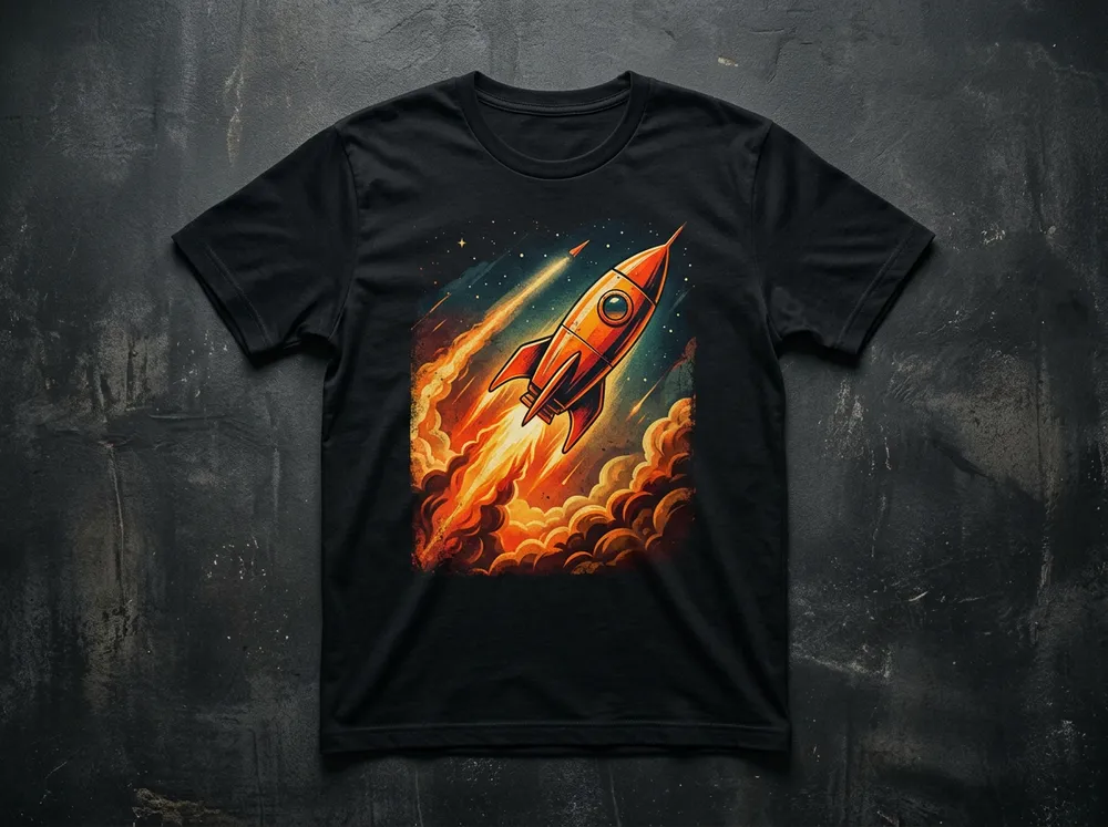 Black shirt printed with an orange rocket