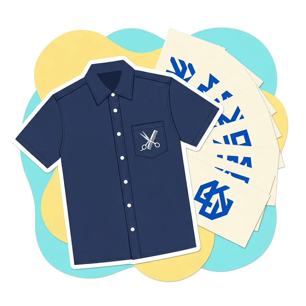 Illustration of a navy work shirt in front of a fan of business cards