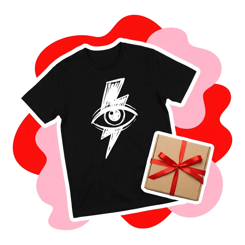Illustration of a black statement shirt next to a wrapped gift